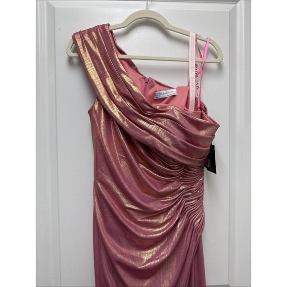 MAC DUGGAL Size 10 Pink 27152 OFF THE SHOULDER RUCHED WAIST SLIT METALLIC GOWN - Picture 5 of 11